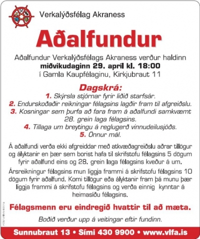 Félagsmenn, munið aðalfundinn í kvöld!